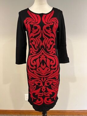 Nine West Black & Red Patterned Knit Sheath sweater Dress‎ size small